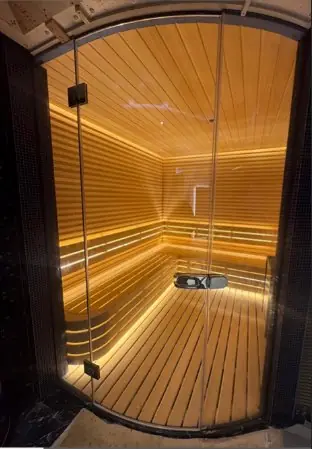 Glass-fronted sauna cabin